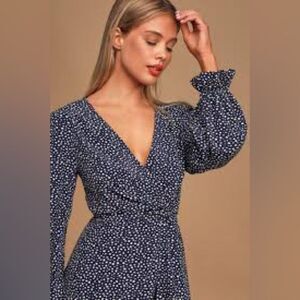 Lulus Navy Polka Dot Long Sleeve Dress Sz XL